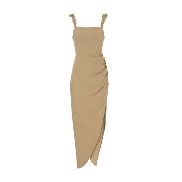 Just Bee Queen Aria Brown Linen Asymmetric Ruched Tie Back Midi Dress Size S - Picture 4 of 13